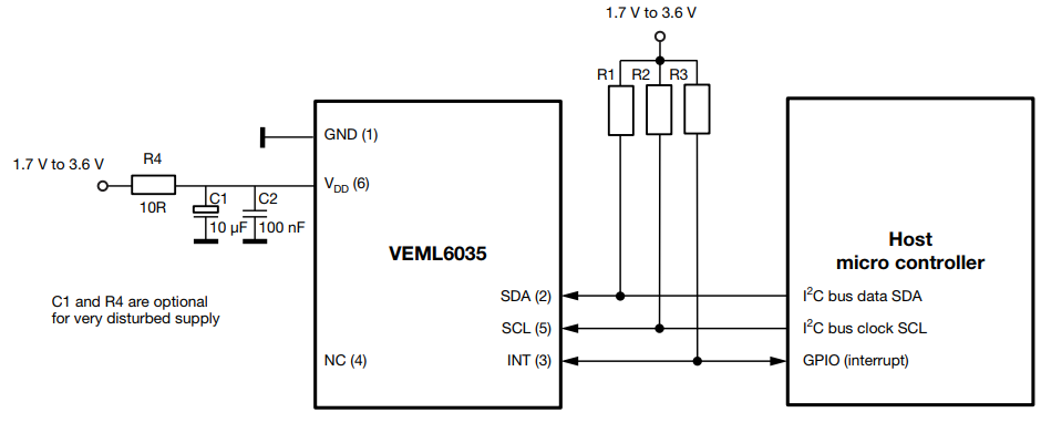 应用电路图 - Vishay VEML6035 I²C环境光传感器